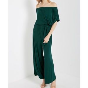 HUNTER GREEN Off The Shoulder Wrap Jumpsuit